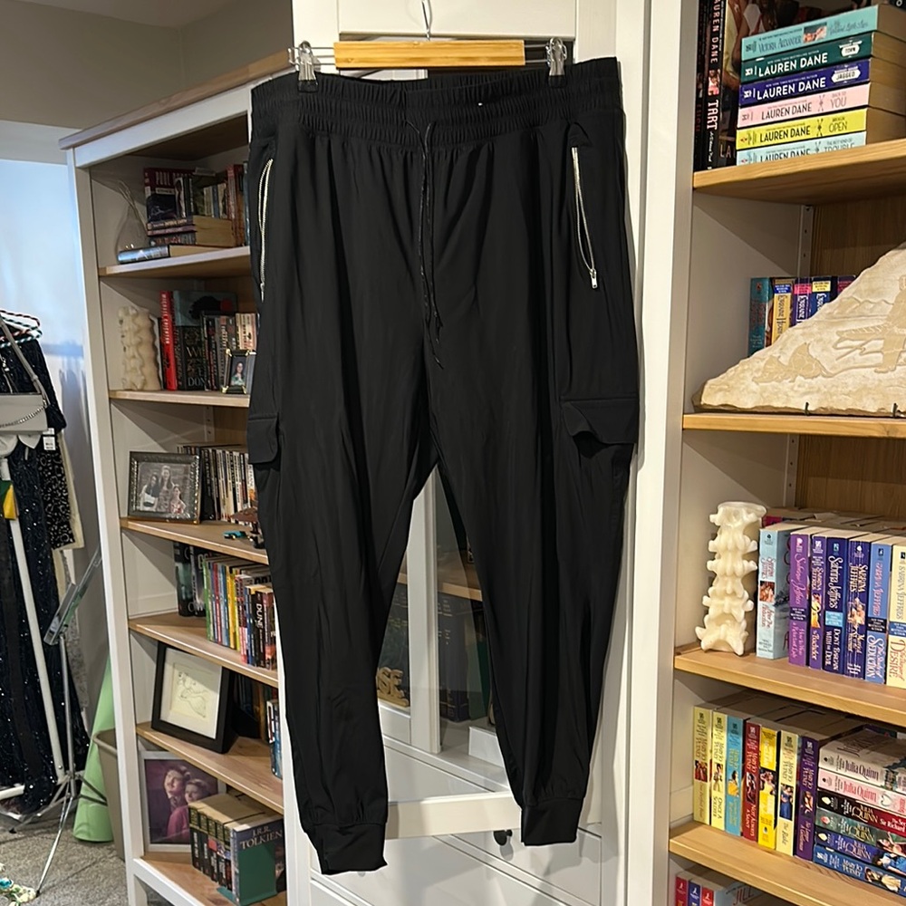 Black Jogger Track Pants with Elastic Waistband and Cuffed Ankles